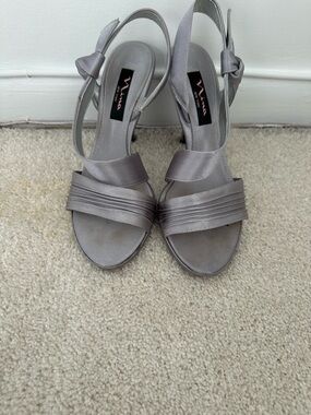 Nina  Silver-Gray Satin Slingback Heels with Bow Accent